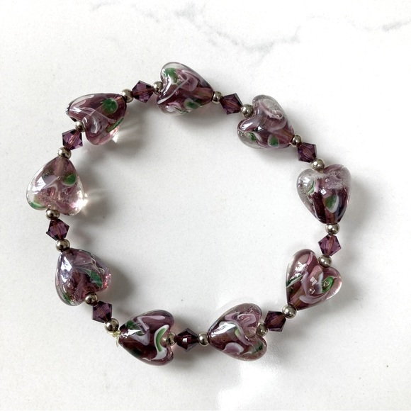 Glass Heart Beaded Bracelet and Pendant Set - Purple and Silver - Picture 2 of 4